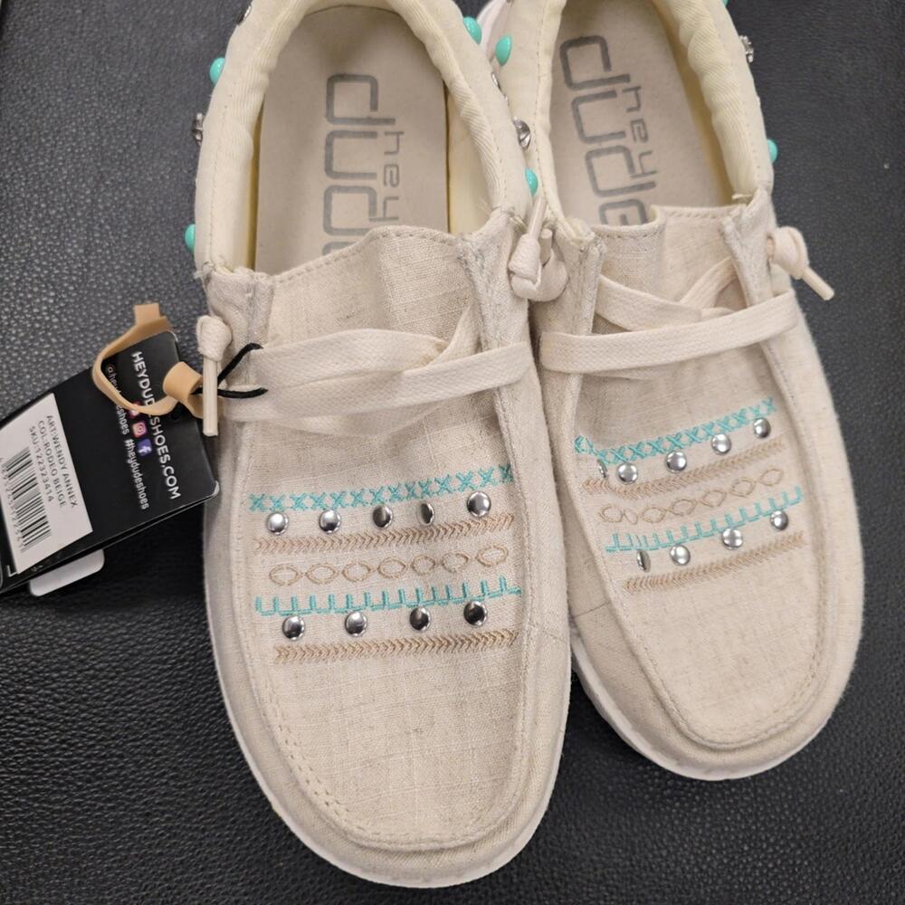 HEYDUDE Wendy Rodeo Studded Western Slip On Shoes Cream Turquoise NWT size 6 - Picture 5 of 8
